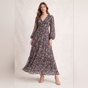 ASTR The Label NWT Black Floral Maxi Dress Tie Neck Long Sleeve Romantic Boho M